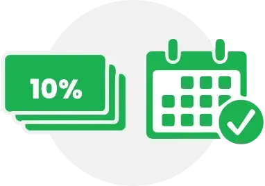 Green discount cards showing 10% next to a calendar with a check mark, indicating a layaway plan.