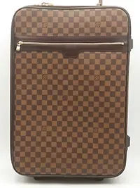 Louis Vuitton Pegase rolling suitcase in Damier Ebene canvas with dark brown leather trim, gold-tone zipper hardware, and front zip pocket against a white background