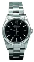 Rolex Oyster Perpetual Air-King Precision stainless steel watch with black dial, silver baton hour markers, and Oyster bracelet against a white background