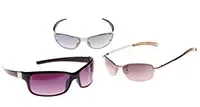 Three pairs of sunglasses against a white background: a silver rimless wrap style with blue gradient lenses, a black rectangular sport frame with purple gradient lenses, and a slim silver metal frame with rose gradient lenses and tortoise shell temples