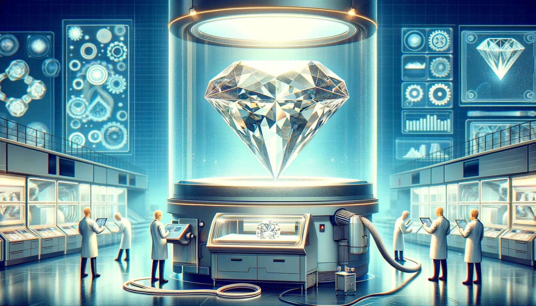 A futuristic lab with a giant diamond being showcased in the center, surrounded by scientists working and monitoring various high-tech screens and equipment.