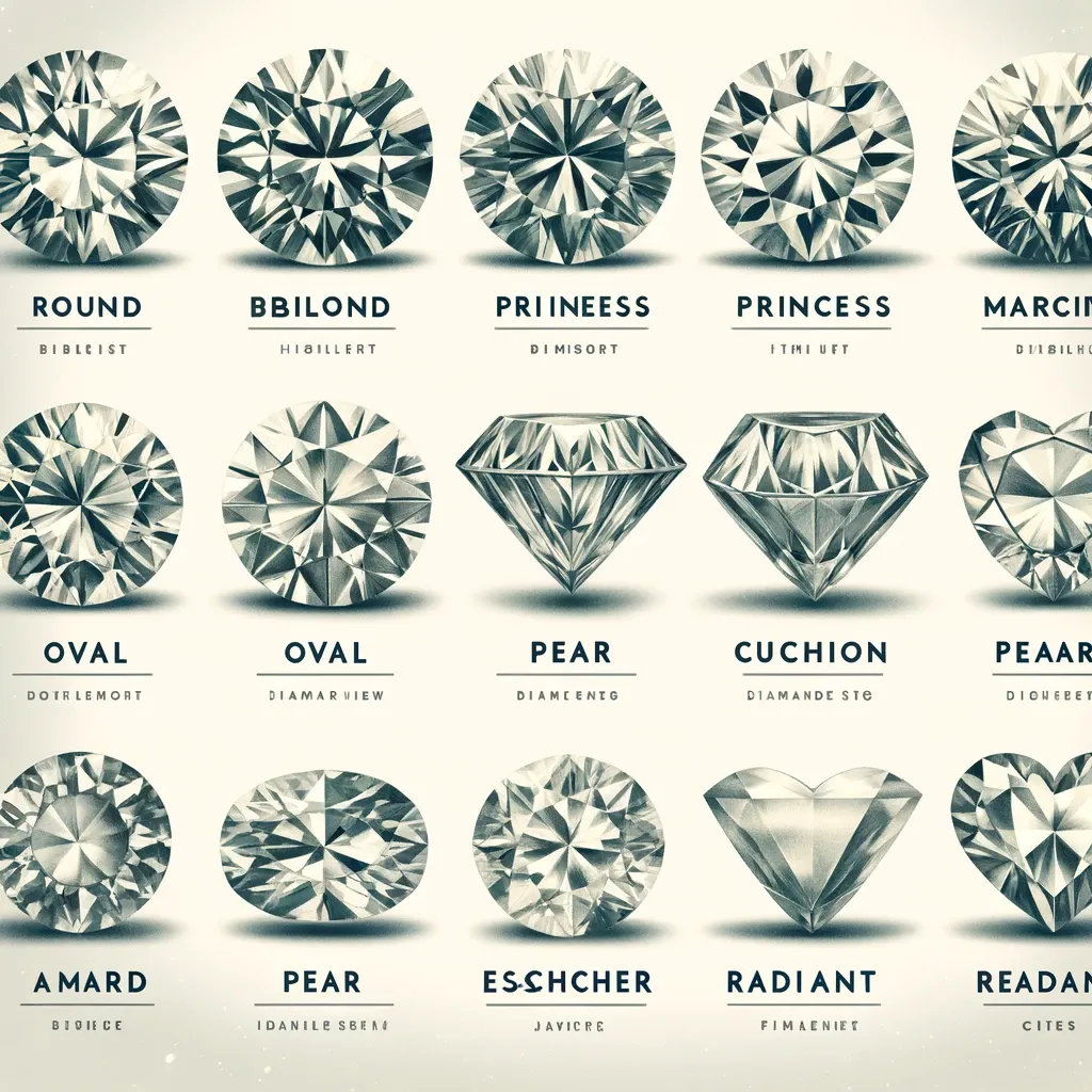 A detailed graphic showing various diamond cuts like round, princess, oval, pear, and cushion, each labeled with a unique name.