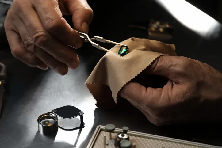 Close-up of a jeweler inspecting and cleaning a gemstone with precision tools.