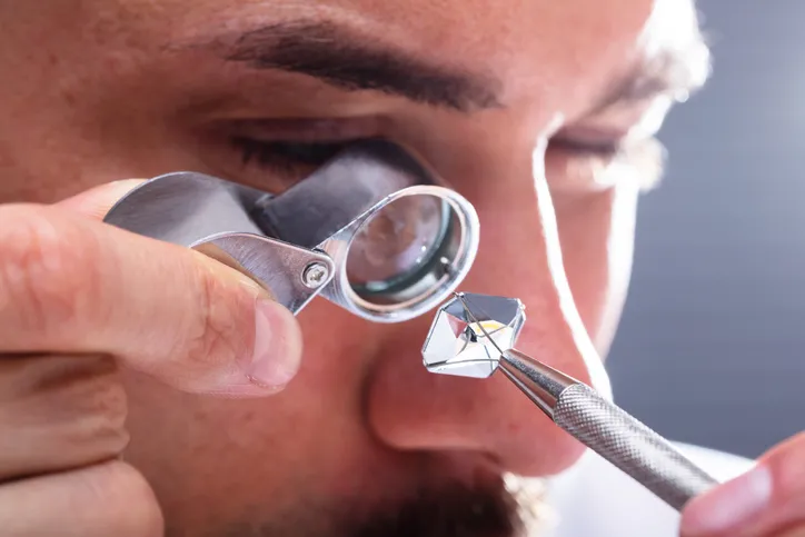 A person using a loupe to closely inspect a diamond, emphasizing the careful evaluation and quality control process in gemstone appraisal.