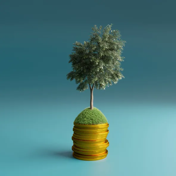 A tree growing on top of a stack of gold coins, symbolizing both financial growth and sustainability that pawn shops offer.